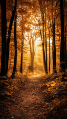 Fototapeta premium Morning in an Autumn Forest with Rich Brown, Golden Yellow, and Warm Beige Palette – A Natural Landscape