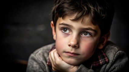 Close-up portrait of a young boy looking to the side with a thoughtful expression