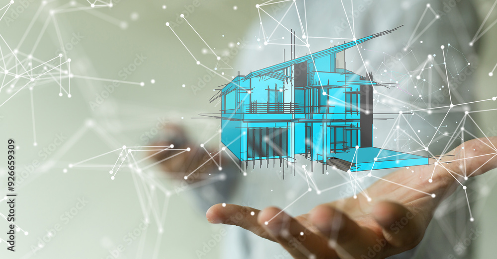 Poster home iot - Neural network 3D illustration. Big data and cybersecurity