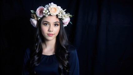 Naklejka premium Young Woman with Flower Crown Against a Black Background
