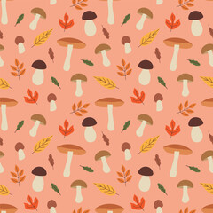 seamless pattern with autumn colorful leaves and edible mushrooms - vector illustration