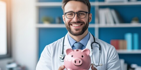 A smiling doctor holding a pink piggy bank. The piggy bank is on display in a medical office