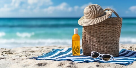 A beach scene with a straw hat, sunglasses, and a bottle of sunscreen. Scene is relaxed and carefree, as it depicts a day at the beach