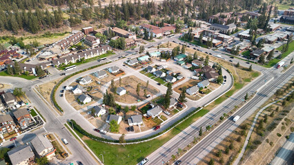 Aerial view of Jasper Town on a sunny summer day. Streets and homes, Alberta - Canada