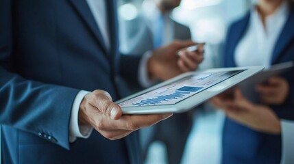 Strategic Business Meeting: Executive Analyzing Metrics on Tablet with Colleagues, Teamwork and Planning Discussion