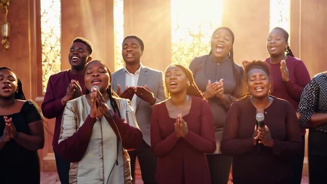 Gospel choir singing and clapping while performing in a church