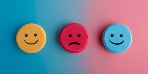 Three emoticon buttons representing happiness and sadness on a colorful background, symbolizing emotional expression.