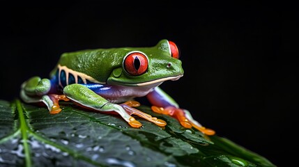 Naklejka premium Green and red frog with orange toes sitting on a green leaf with water droplets.