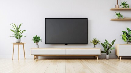 Modern living room interior with a flat screen tv on a wooden cabinet and plants.