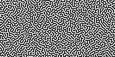 Abstract Turing organic wallpaper with background. Turing reaction diffusion monochrome seamless pattern with chaotic motion. Natural seamless line pattern. Linear design with biological shapes.