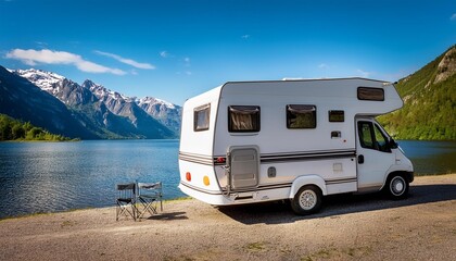Scenic camper adventure by the lake with majestic mountains in the background for travel and outdoor enthusiasts