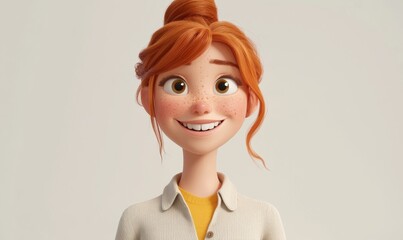 3D cartoon illustration of a cute smiling girl with red hair and freckles.