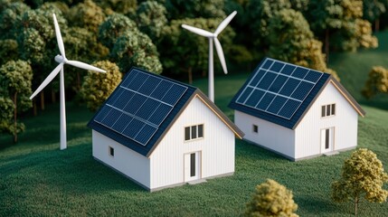 Obraz premium Eco-friendly homes with solar panels and wind turbines surrounded by nature, symbolizing sustainable living and renewable energy.