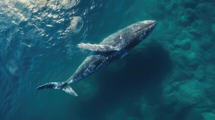A humpback whale swimming underwater with marine wildlife.