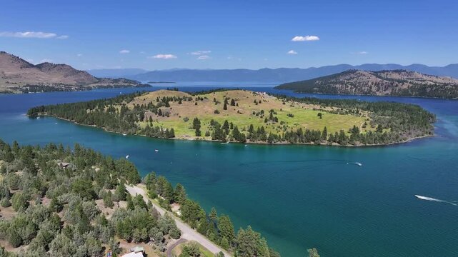 drone view over a montana lake
