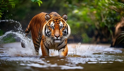 A majestic tiger walking through the jungle waters with splashes of nature's beauty and untamed...