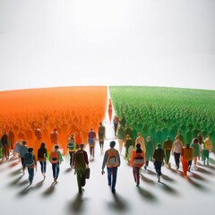 A crowd of people walking on a white surface with green and orange colors symbolizing travel and diversity