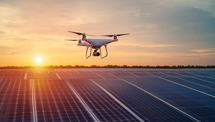 Drone flying over solar panels at sunset.