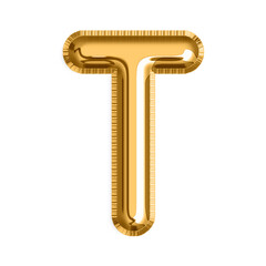 English Letter T in gold foil balloon isolated on transparent background PNG, 3d golden alphabet