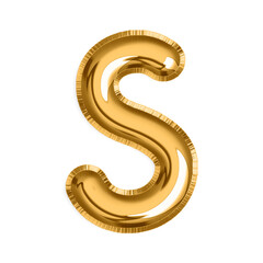 English Letter S in gold foil balloon isolated on transparent background PNG, 3d golden alphabet