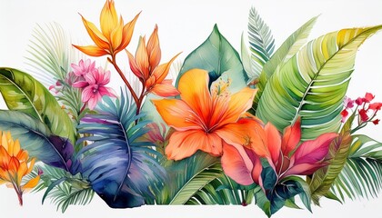 Vibrant Watercolor Illustration of Exotic Tropical Plants and Flowers on a White Background for Art and Travel Inspiration