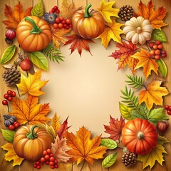Fototapeta premium an autumn clipart in a frame. autumn leaves and stems wrapping around the frame with autumn gifts of nature