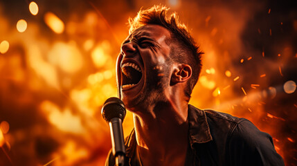 Singer passionately singing into microphone