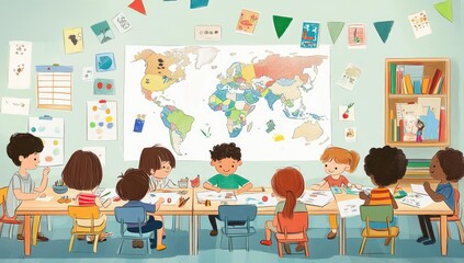 Children learning in classroom with world map.