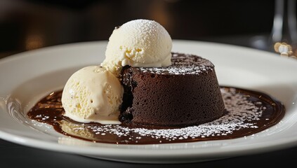 Chocolate lava cake with ice cream and chocolate sauce.