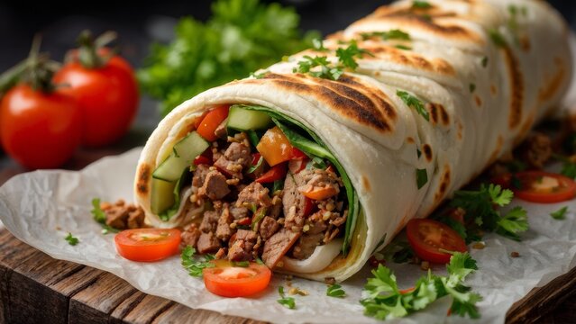 A delicious d&uuml;rum roll, with its thin, rolled flatbread filled with spiced meat, fresh vegetables, and creamy sauce.