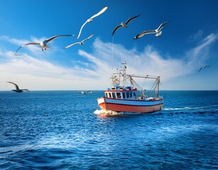 Fishing boat sailing in the ocean with seagull flying above on a beautiful summer day