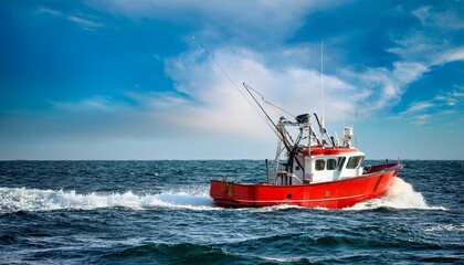 Obraz premium Ocean adventure red fishing boat sailing through the waves on a fishing trip