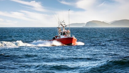 Ocean adventure red fishing boat sailing through the waves on a fishing trip
