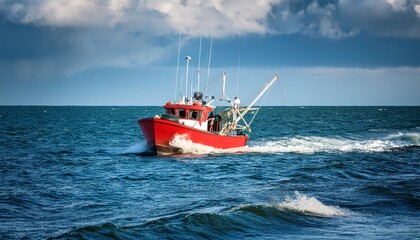Fototapeta premium Ocean adventure red fishing boat sailing through the waves on a fishing trip