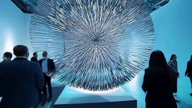 Art gallery visitors contemplating modern metallic sculpture illuminated with blue light