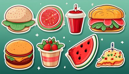 Food and drink stickers set for art and creativity projects with hamburger, watermelon, and pizza icons