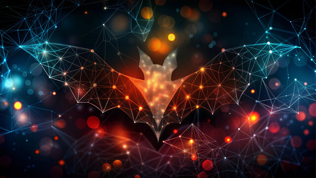 Abstract Digital Halloween Bat with Glowing Web Background