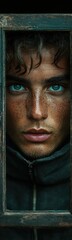 Naklejka premium Man looking through a window with freckles on his face, portrait