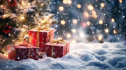 Enchanting Winter Wonderland Poster: Snow-Covered Trees, Colorful Gift Boxes, and a Sparkling Christmas Tree Perfect for Holiday Decor and Festive Interiors!