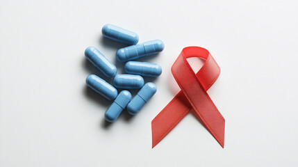 HIV PrEP pills with red ribbon. Medicine for the hiv infection treatment. Pills for Pre-Exposure Prophylaxis. Tablets to help protect people from HIV. Health medicine