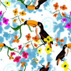 Toucans sitting on floral branches seamless pattern on blue watercolor background