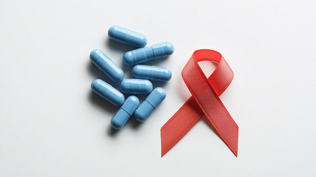 HIV PrEP pills with red ribbon. Medicine for the hiv infection treatment. Pills for Pre-Exposure Prophylaxis. Tablets to help protect people from HIV. Health medicine