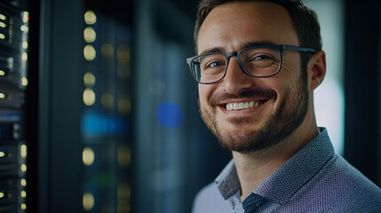Happy IT specialist in server room.