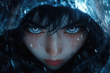 mysterious anime character hooded figure with partially obscured face intense gaze visible dark atmospheric background with hints of neon accents