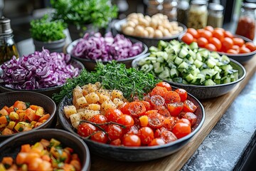 Stylish modern kitchen showcasing an alternative plant-based meat platter, vibrant colors and textures highlight a healthy, eco-friendly dining experience.