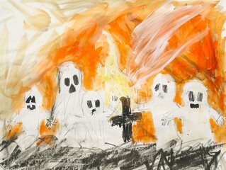 A drawing of a group of ghosts in front of a fire