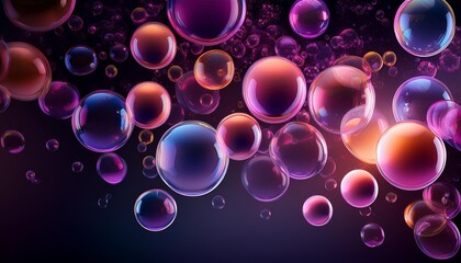 Colorful floating bubbles on dark background with pink and purple hues, abstract beauty in motion and relaxation concept