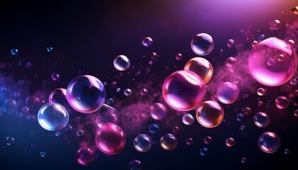 Colorful floating bubbles on dark background with pink and purple hues, abstract beauty in motion and relaxation concept