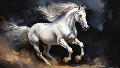 Graceful White Horse in Full Gallop on Mysterious Dark Background in Stunning Oil Painting Artwork