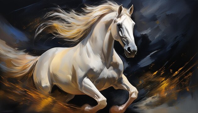 Graceful White Horse in Full Gallop on Mysterious Dark Background in Stunning Oil Painting Artwork